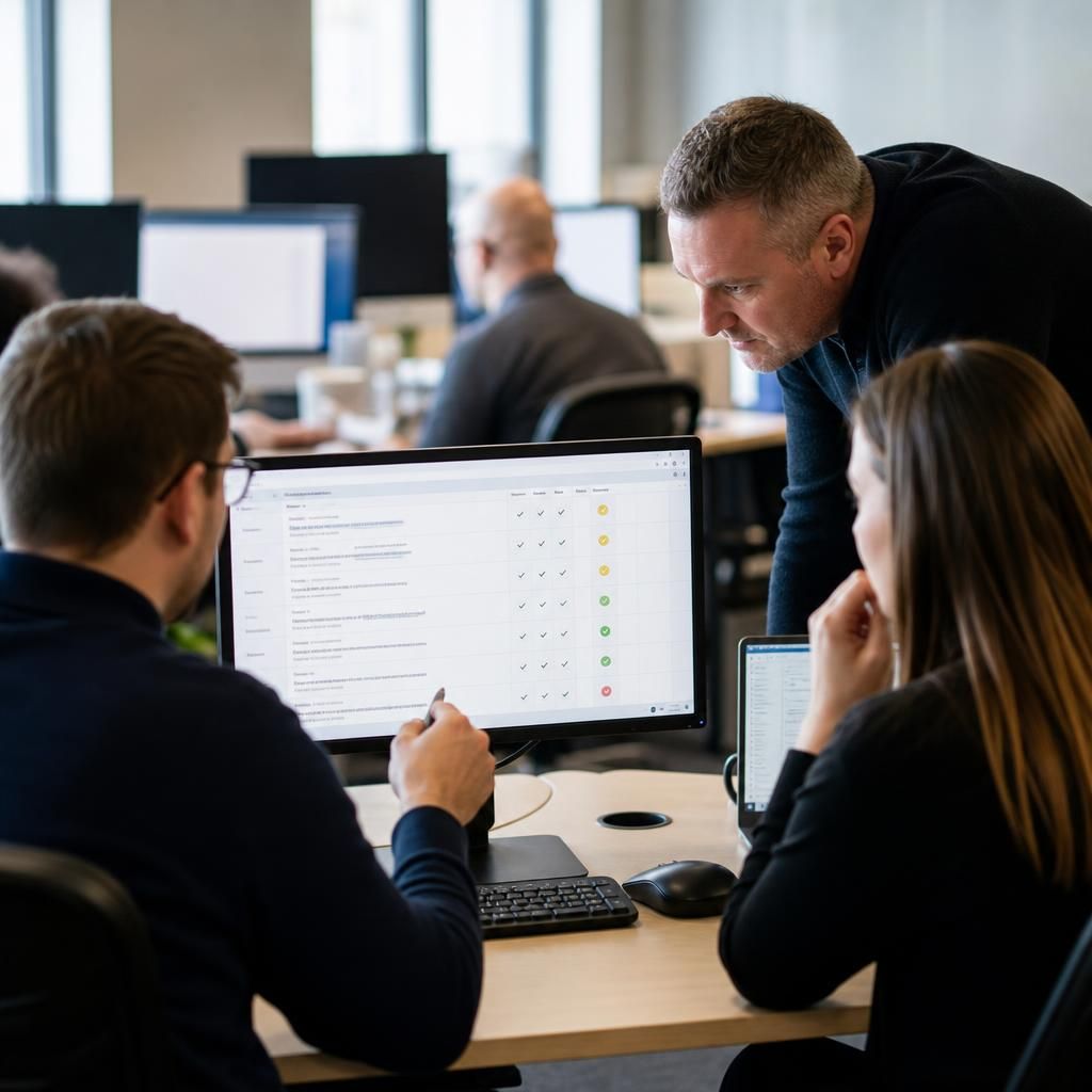 IT service management team reviewing a service transition checklist on a computer