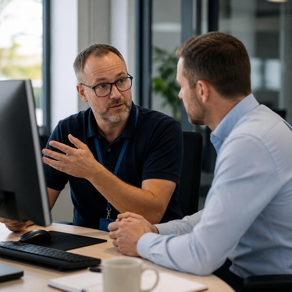 IT professional speaking with a business client beside a computer screen