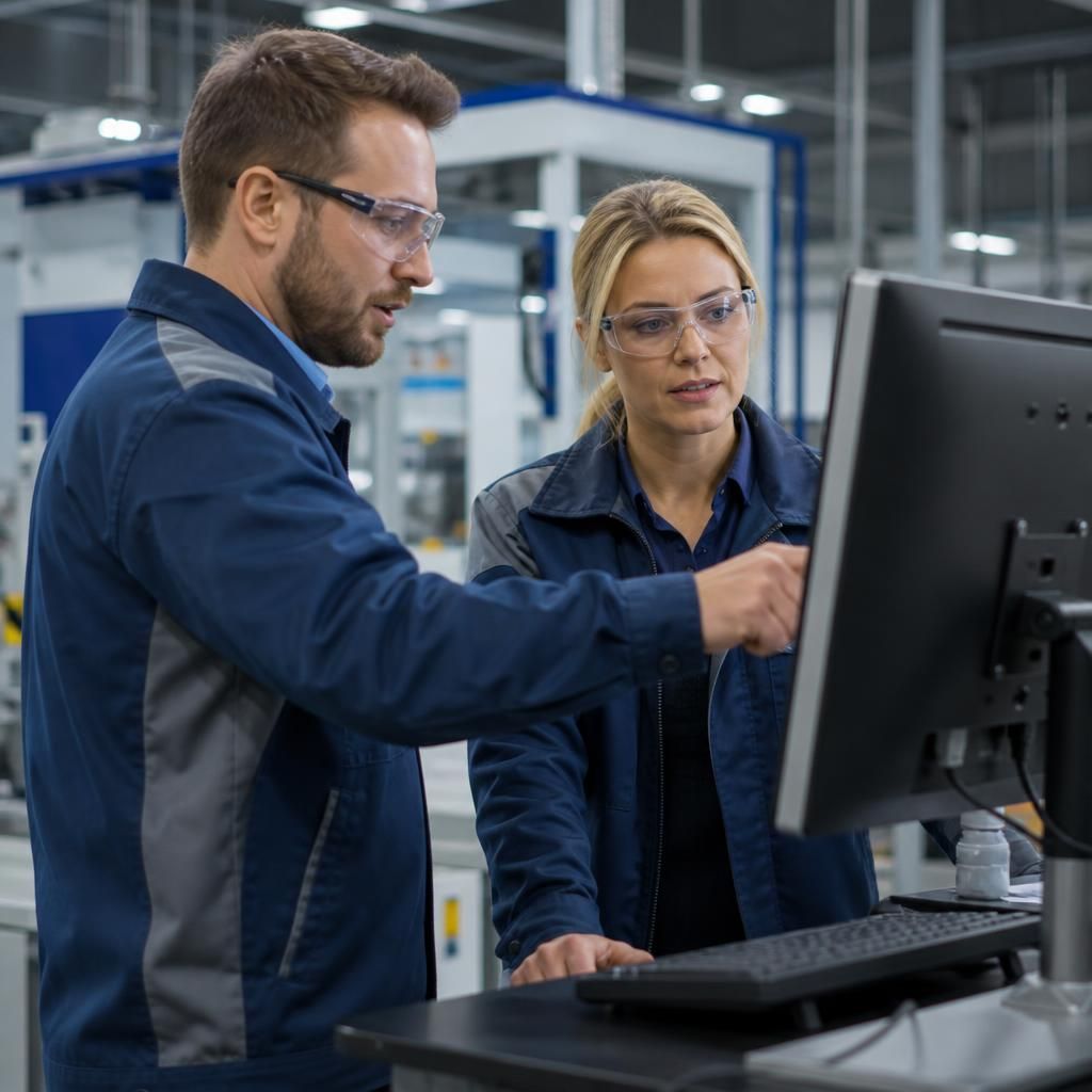 Manufacturing staff reviewing technology systems on a production site