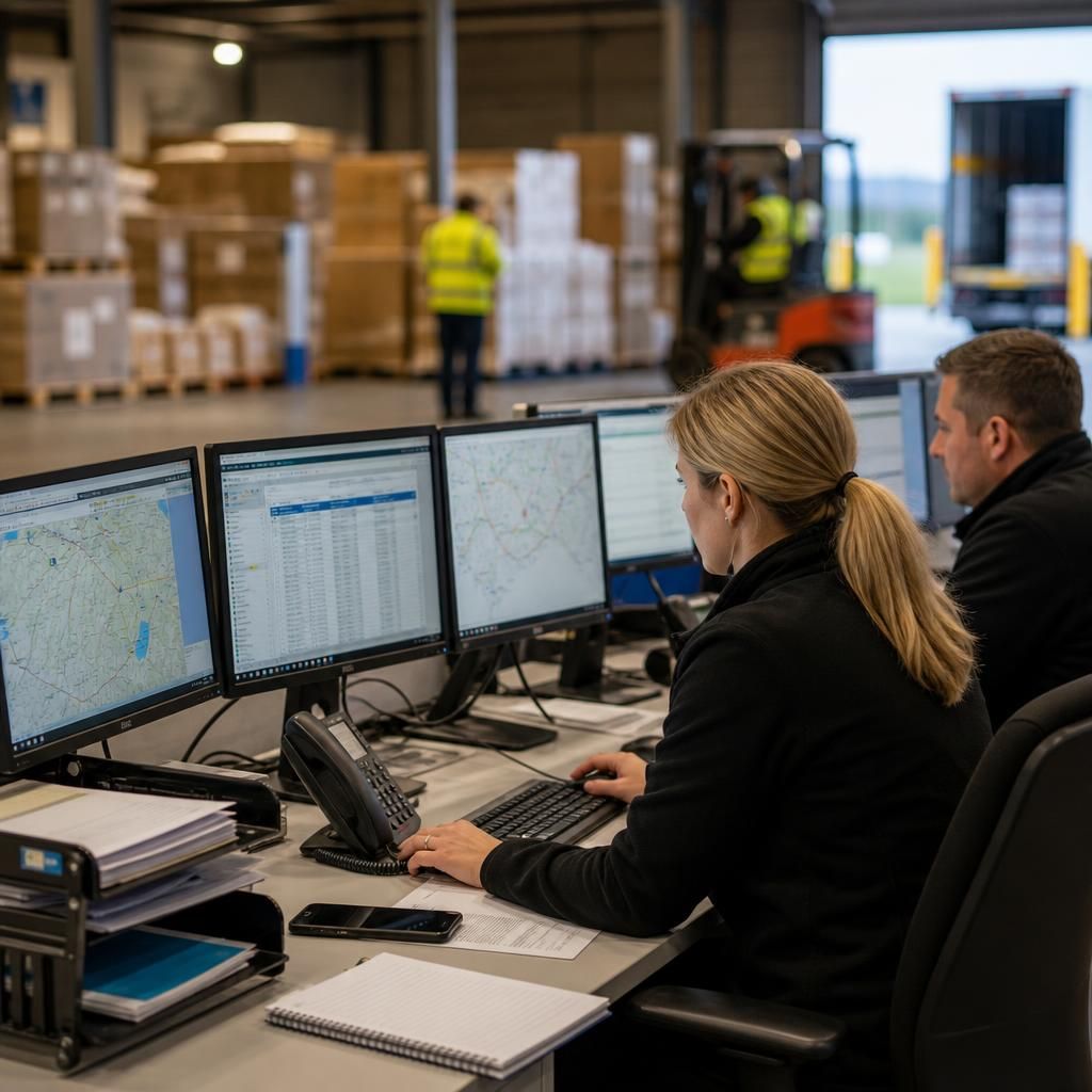 Logistics team using computers to coordinate transport and warehouse activity