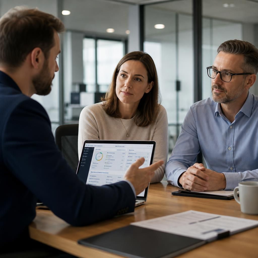 Business managers discussing IT service responsibilities with a technology adviser