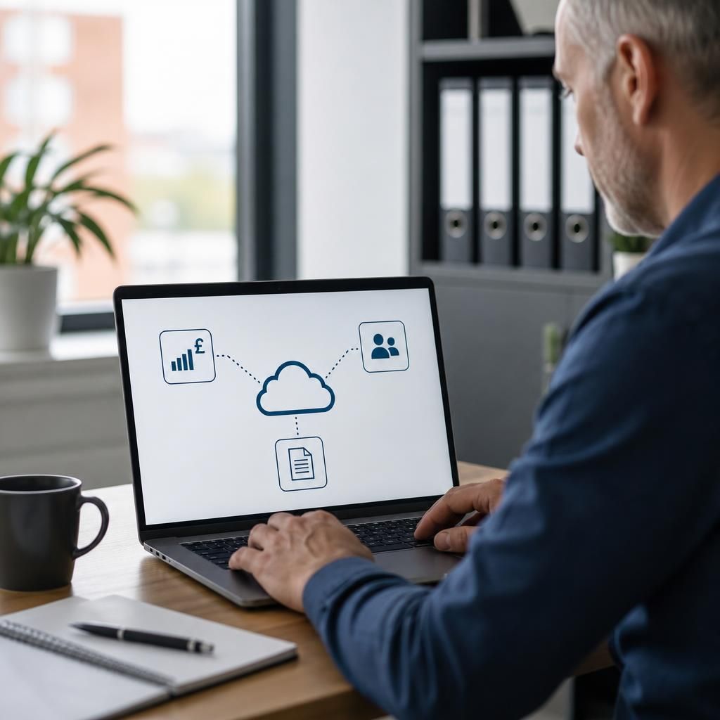 Cloud integration diagram linking finance, CRM and document management applications