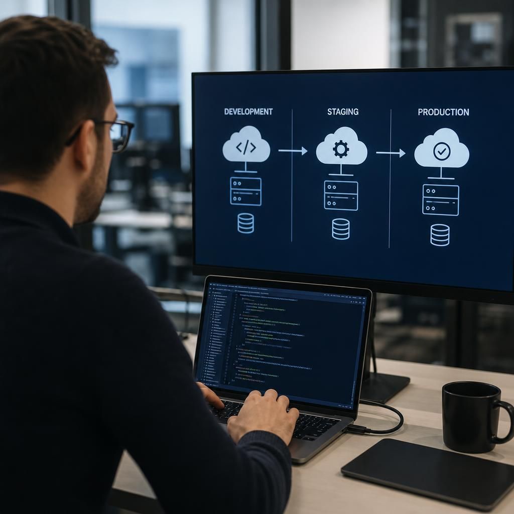 Cloud deployment pipeline showing development, staging and production environments