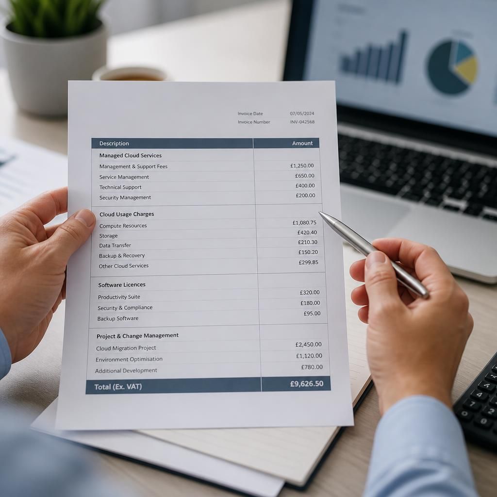 Cloud services invoice showing management fees, usage charges, software licences and project costs