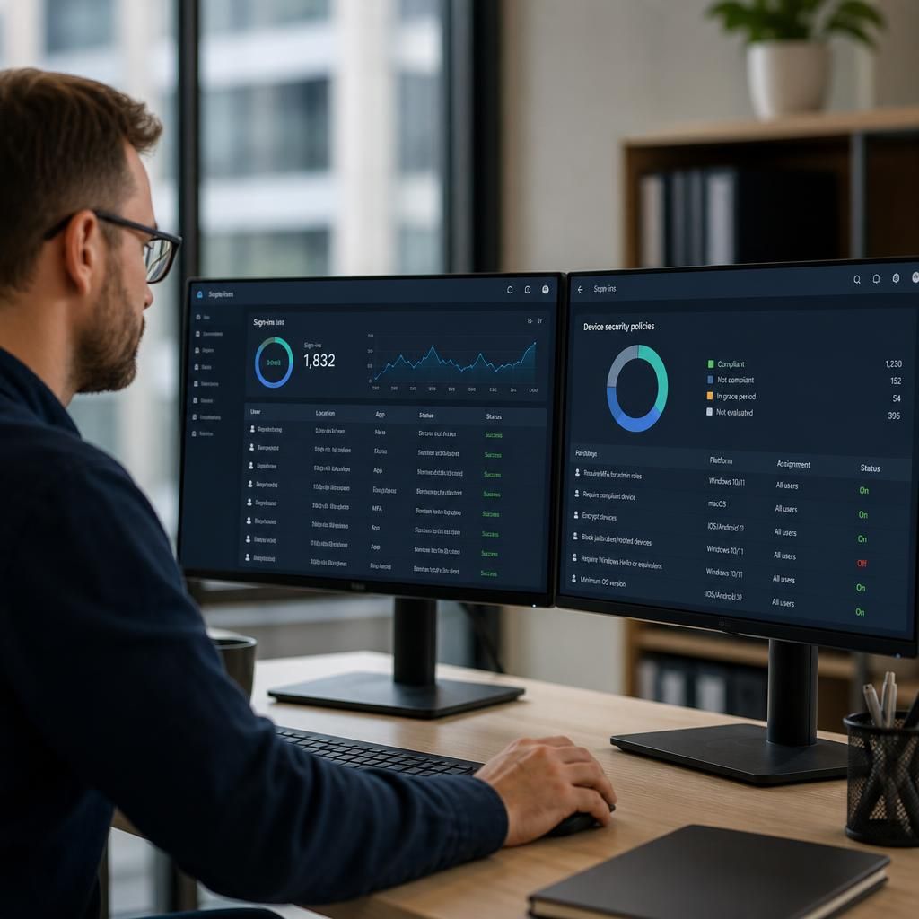Cloud access control dashboard showing user sign-ins and device security policies
