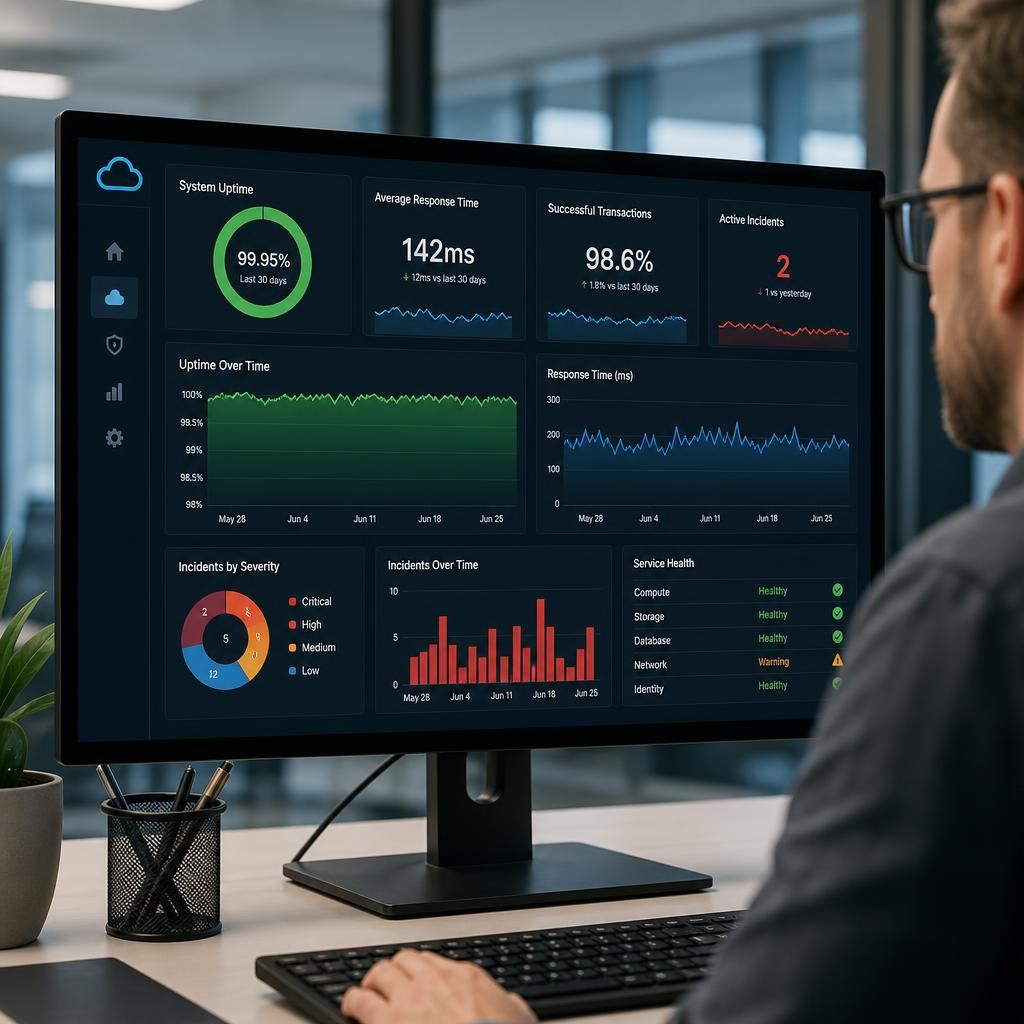Cloud service dashboard showing uptime, response time and incident data
