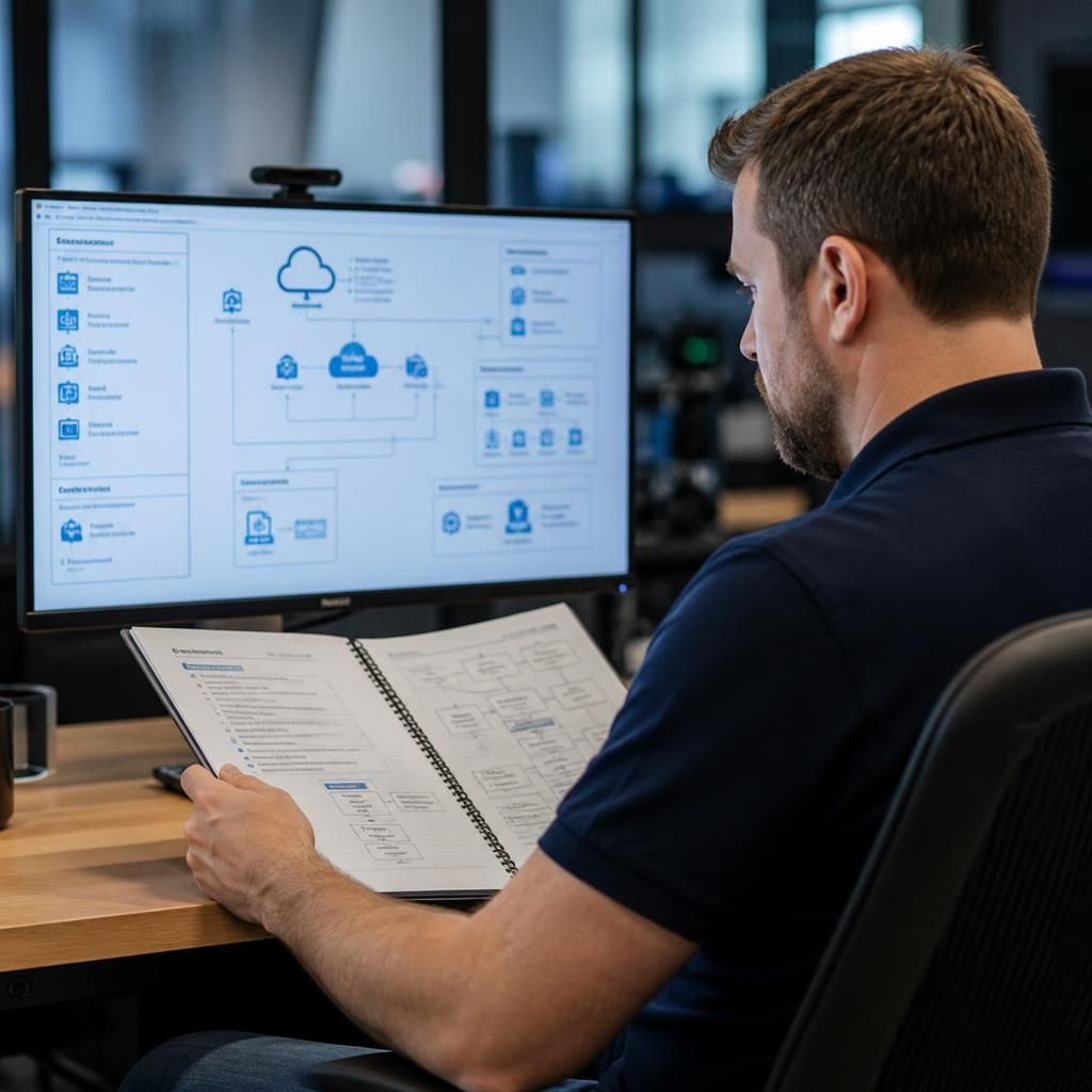 Technician reviewing a cloud recovery runbook and system dependency diagram on a monitor