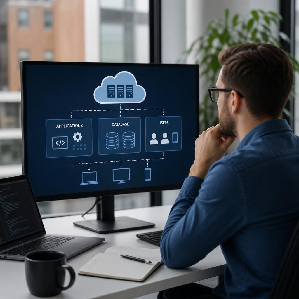 Cloud workload architecture diagram showing applications, databases and user devices