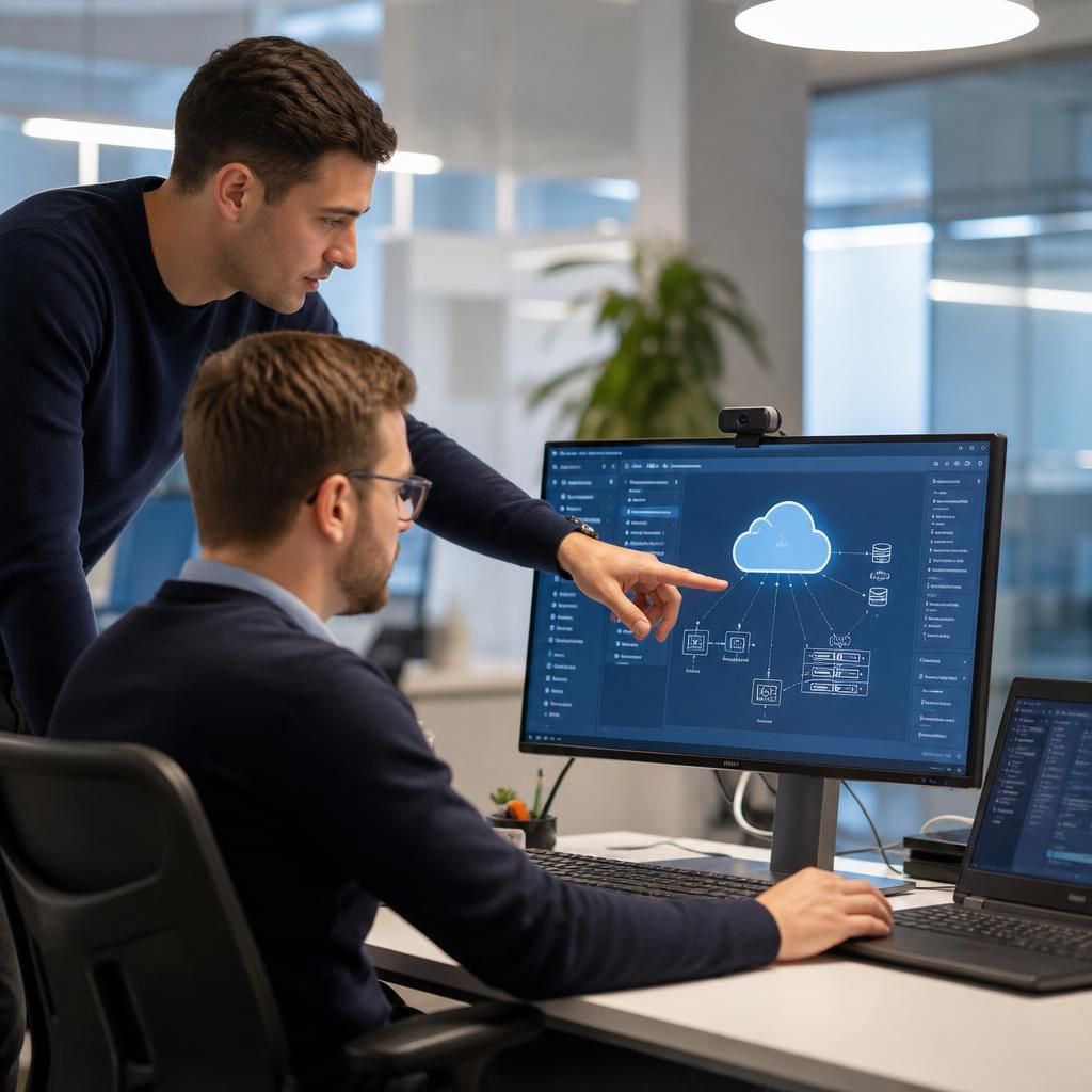 IT professionals discussing cloud systems beside a computer screen