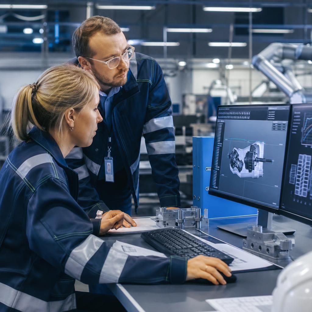 Manufacturing staff reviewing operational information on a cloud-connected workstation