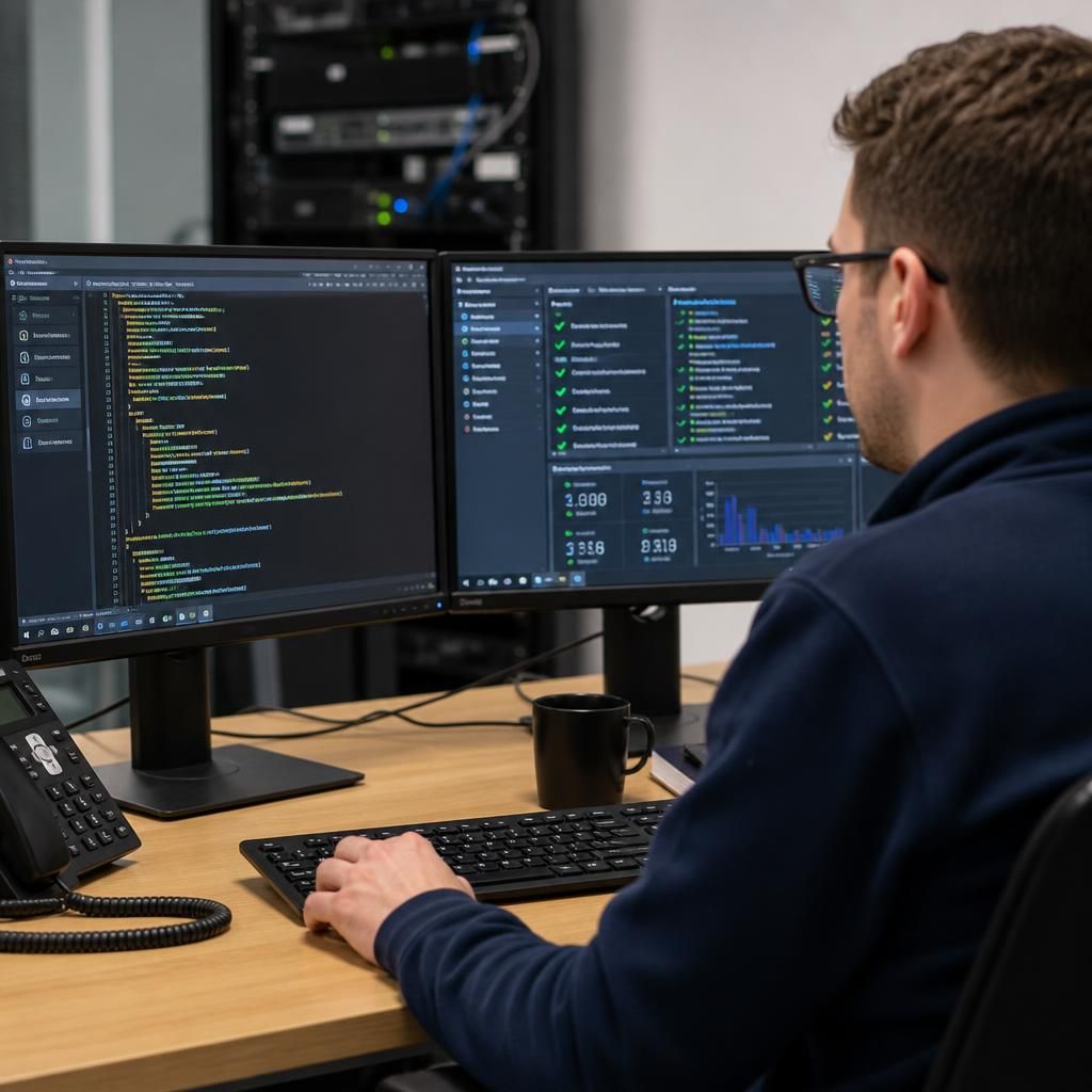 Technician reviewing infrastructure configuration and test results on dual monitors
