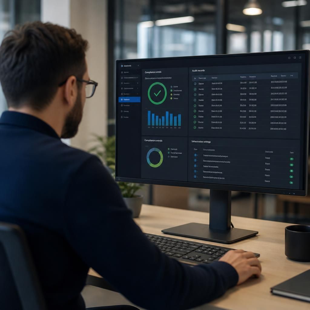 Monitor displaying compliance controls, audit records and managed IT infrastructure settings