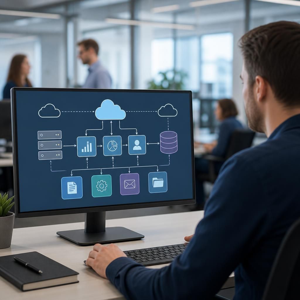 Network diagram linking cloud services, business applications and company databases