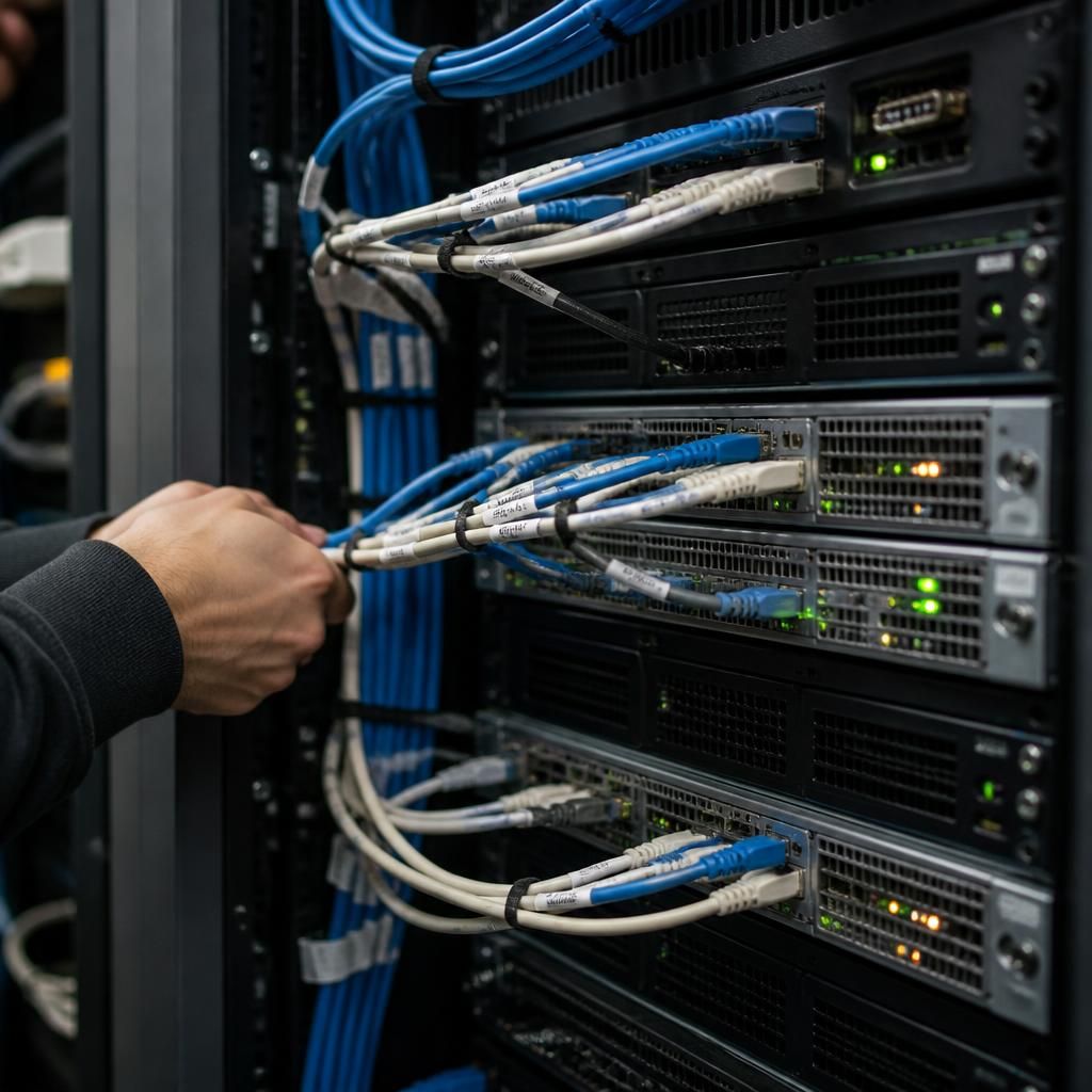 Legacy server rack with labelled network cables and connected equipment