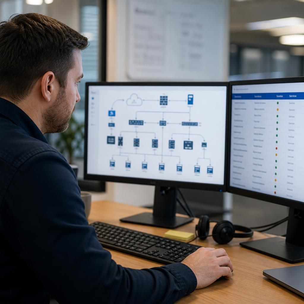 Technician reviewing a network diagram and service responsibility matrix on screen