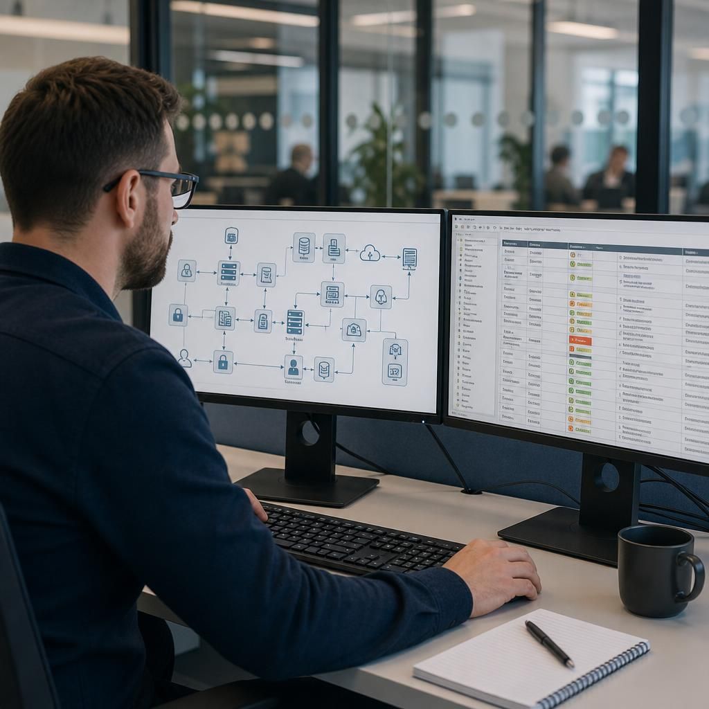 IT professional reviewing a network dependency diagram and recovery plan on dual monitors
