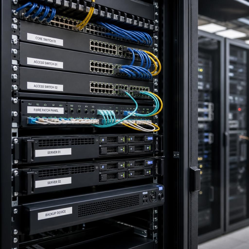 Network cabinet with labelled switches, servers and structured cabling