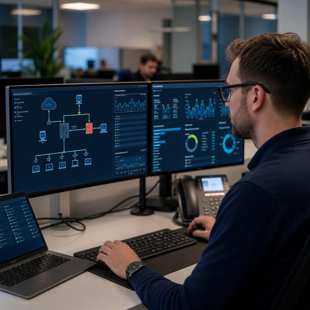 IT infrastructure dashboard showing connected devices, servers and network status