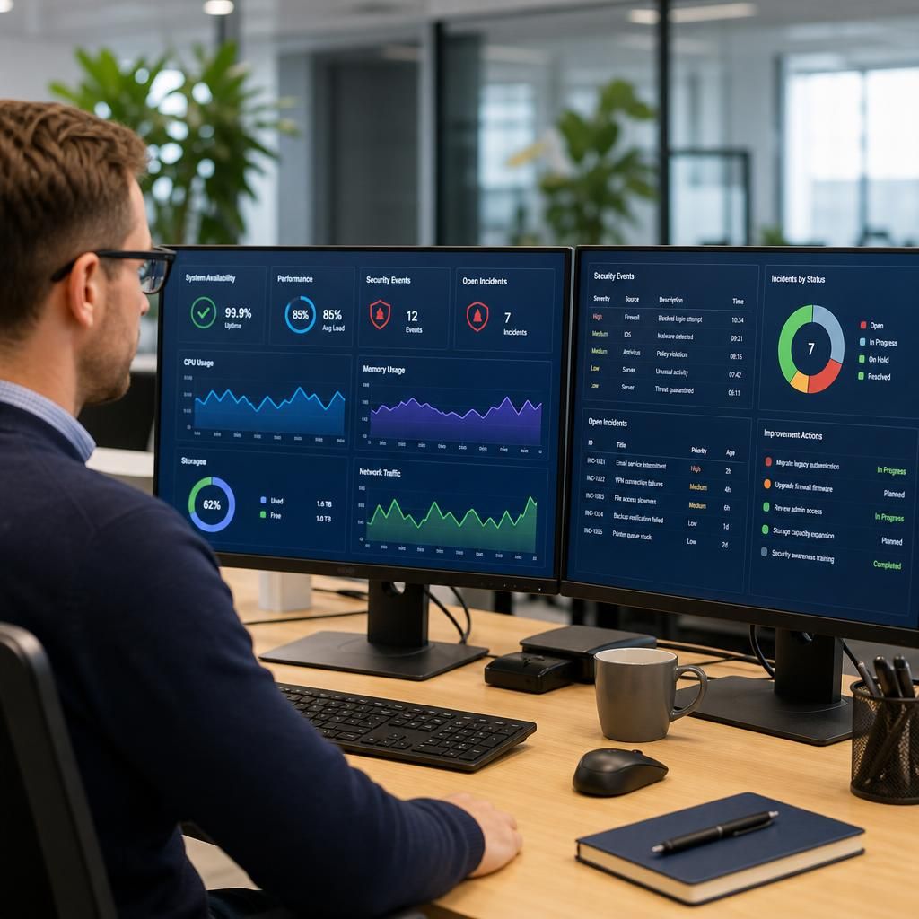 Dashboard showing managed IT infrastructure performance, security events, incidents and improvement actions