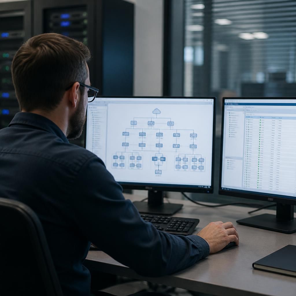 IT professional reviewing a network infrastructure diagram on a computer screen