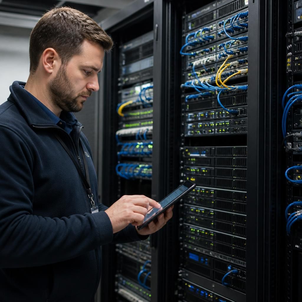 IT professional reviewing server equipment in a data room