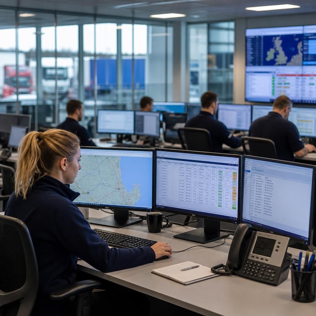 Logistics team using computers and connected operational systems