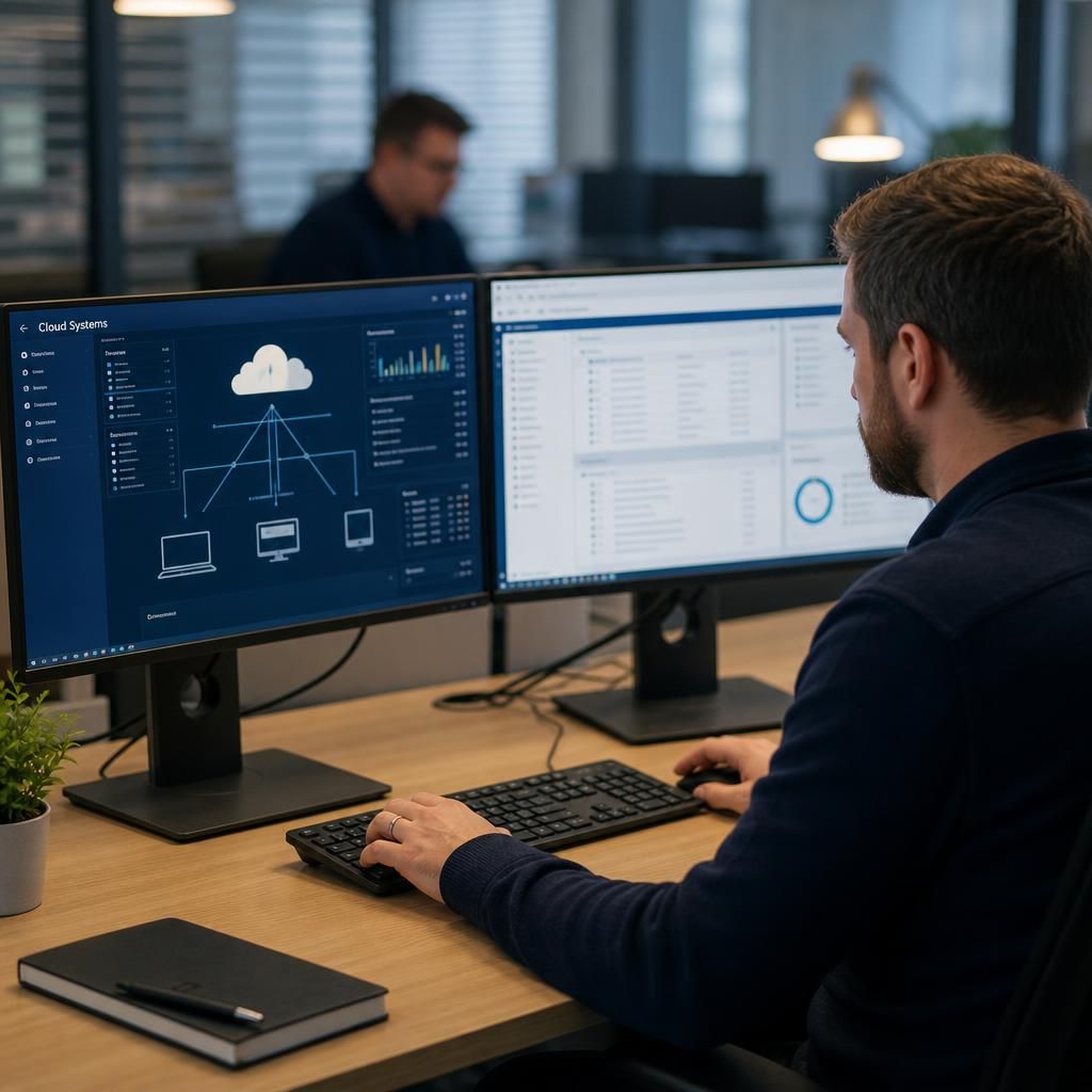 IT administrator reviewing cloud systems and connected business devices on dual monitors