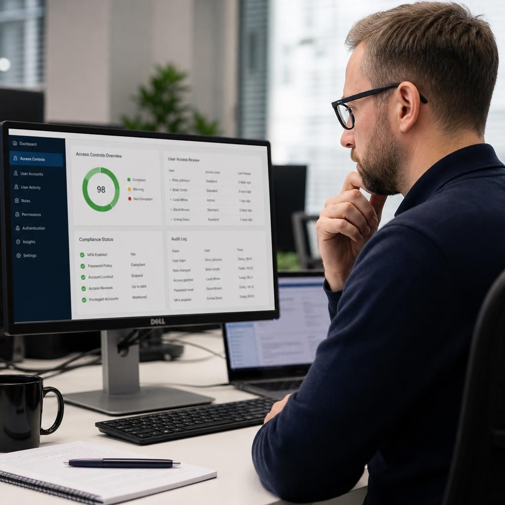 IT professional reviewing access controls and compliance records on a computer screen