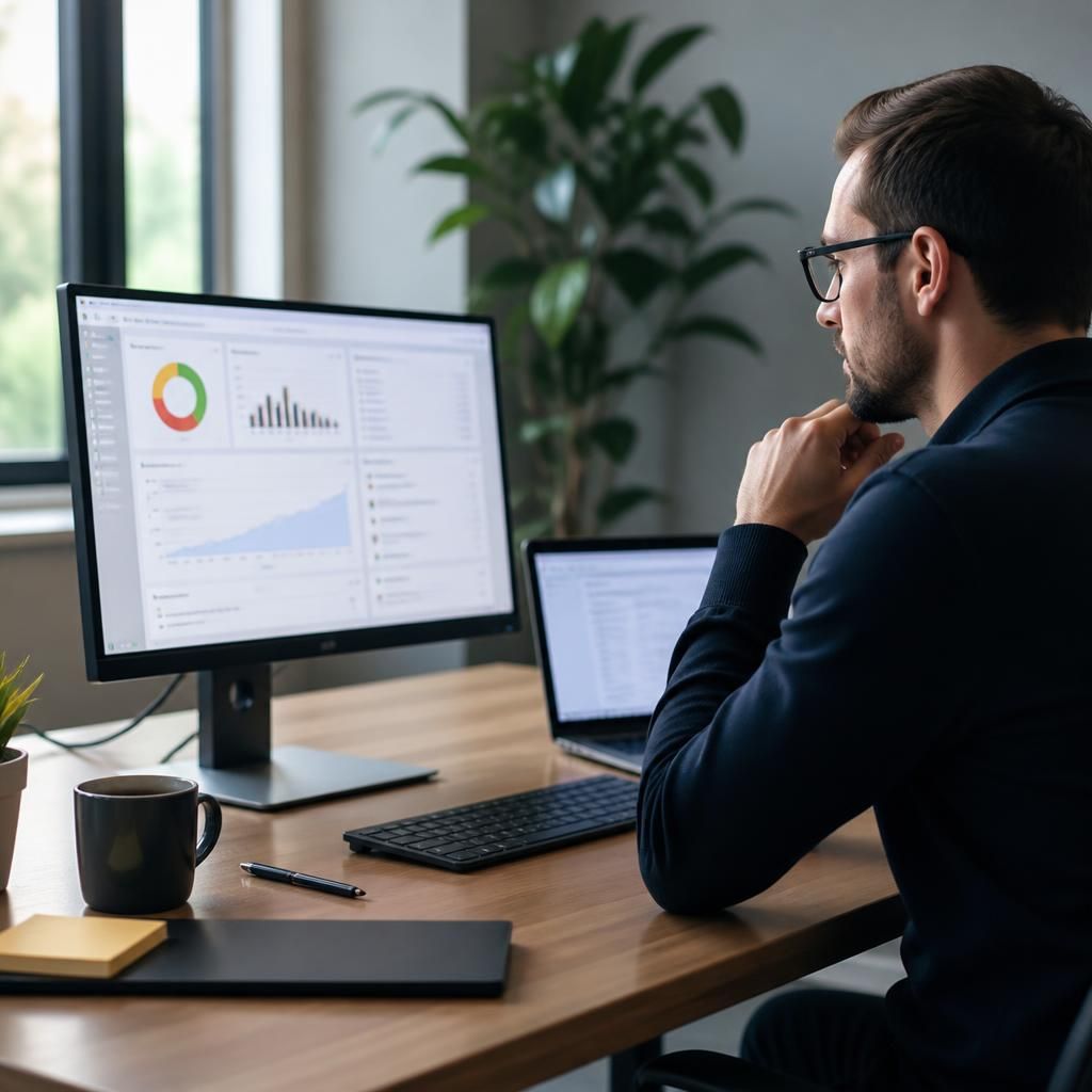 IT professional reviewing business risk controls on a computer screen