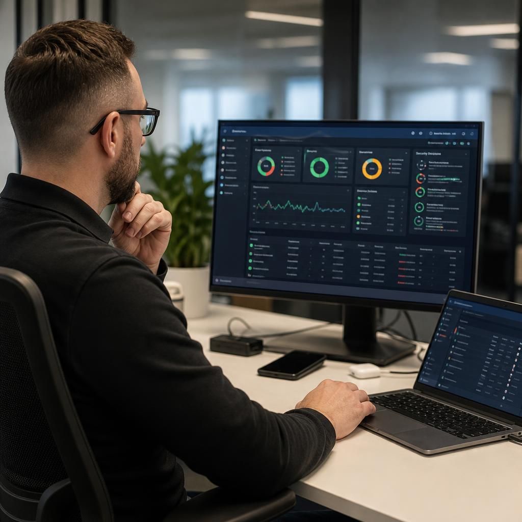 IT professional reviewing device management and security dashboards on a computer screen