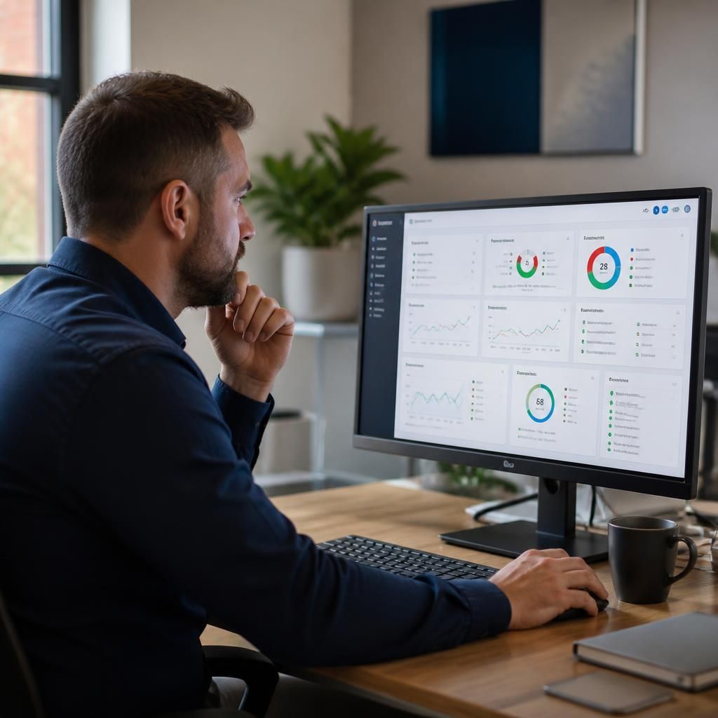 IT consultant reviewing a small business network dashboard on a computer