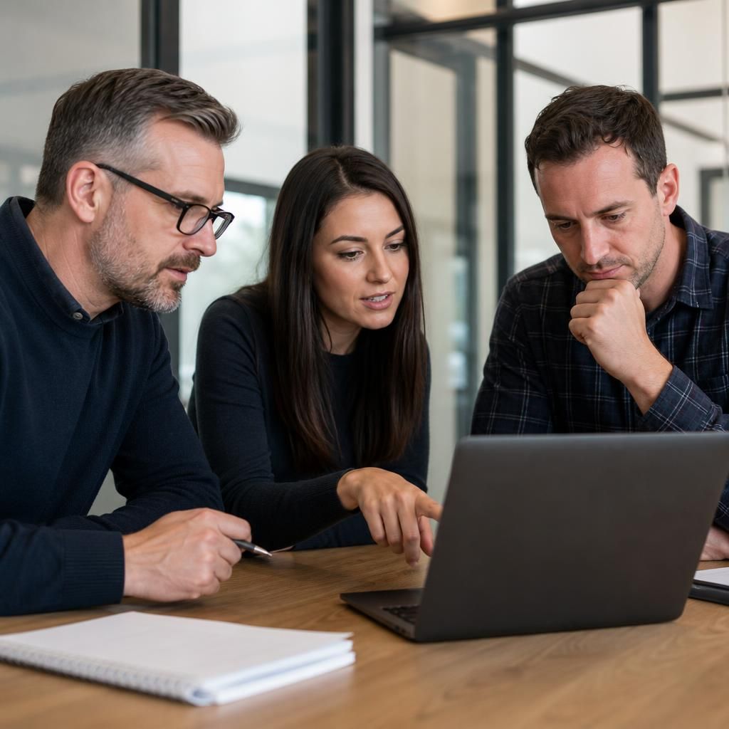 Business team reviewing managed IT provider documents on a laptop