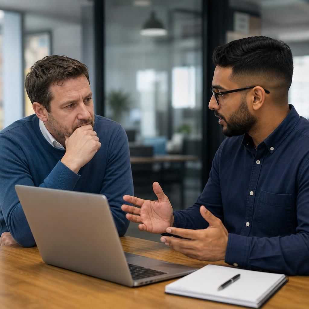 Small business owner reviewing IT service options with a technology adviser