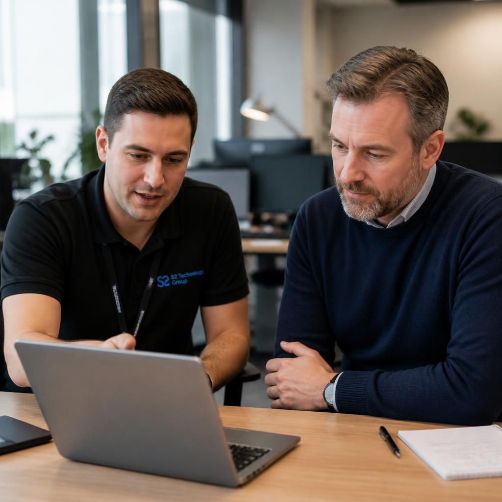 IT support specialist discussing a laptop with a small business owner