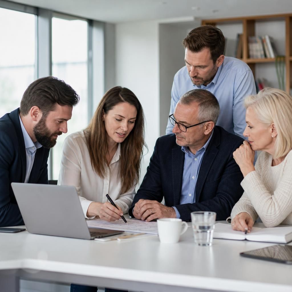 Professional services team reviewing documents and technology requirements in an office