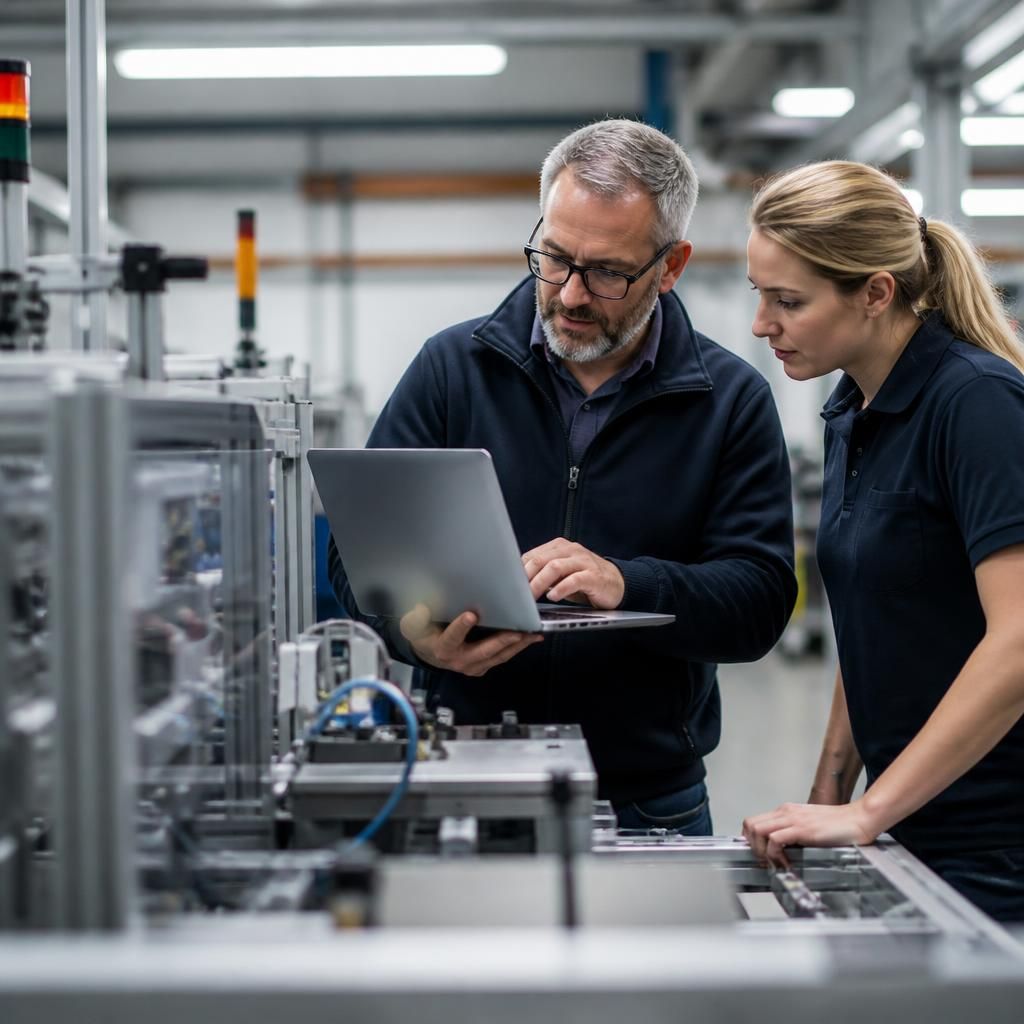 Manufacturing staff working beside connected production equipment