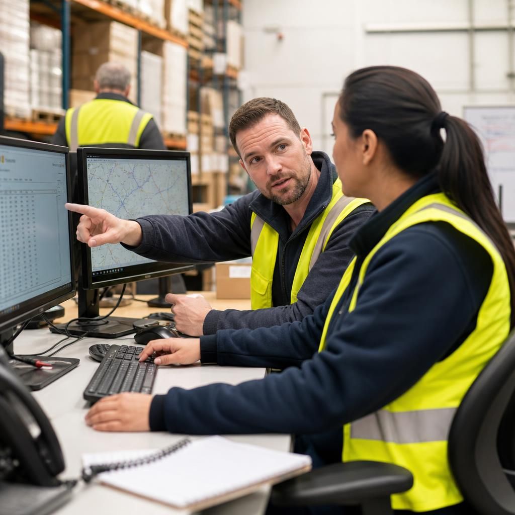 Logistics team coordinating deliveries using computers in a warehouse office