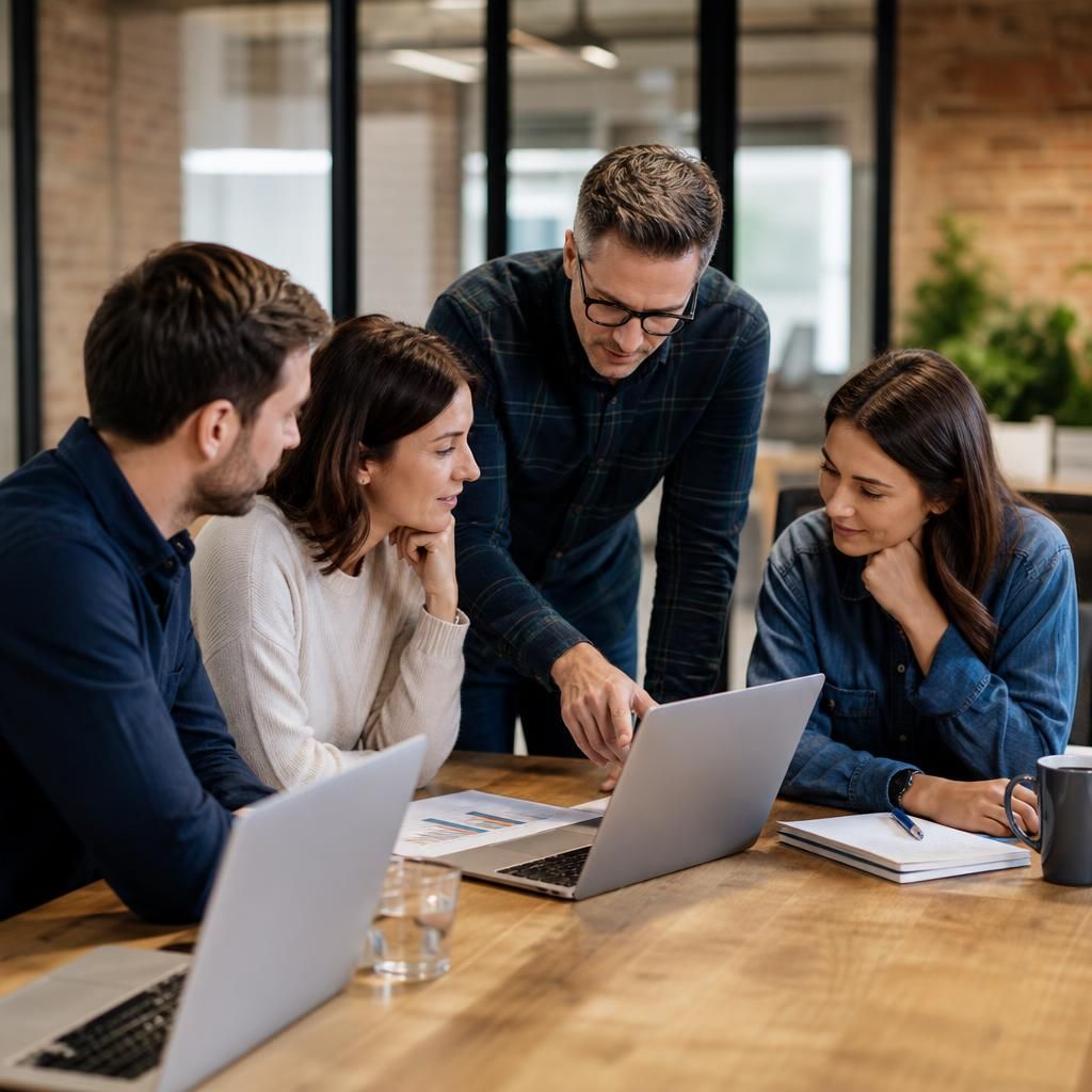 Small business team collaborating around a desk with laptops and documents