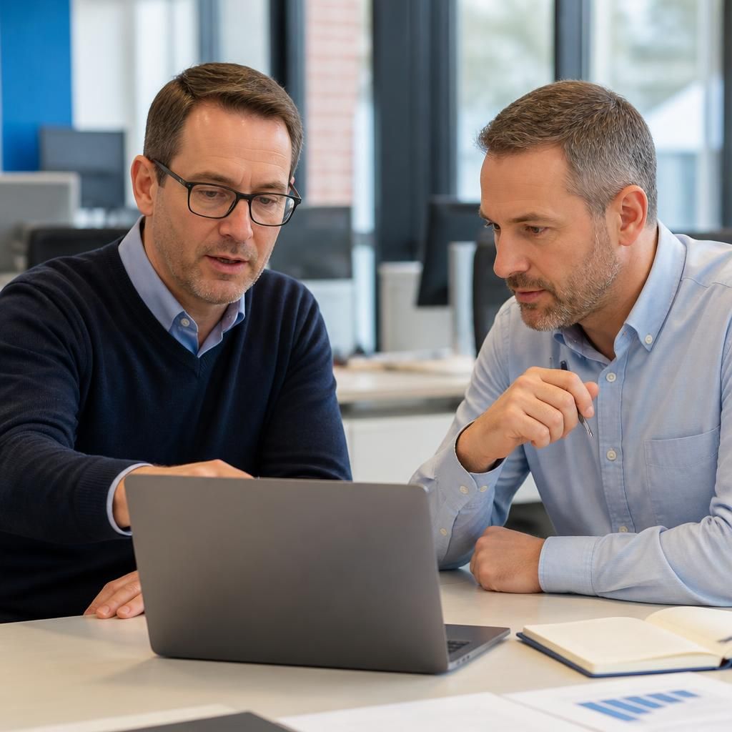 IT consultant reviewing business systems on a laptop with a manager
