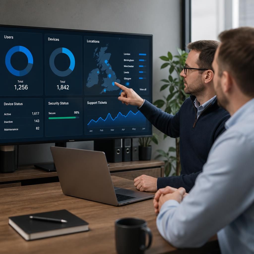 Business technology dashboard showing users, devices and locations under review