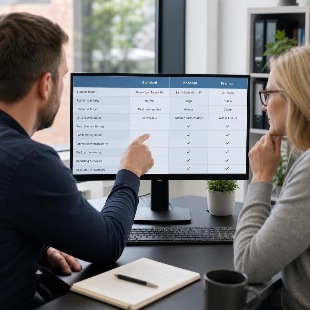 Managed IT service level comparison table showing support priorities and monitoring tasks
