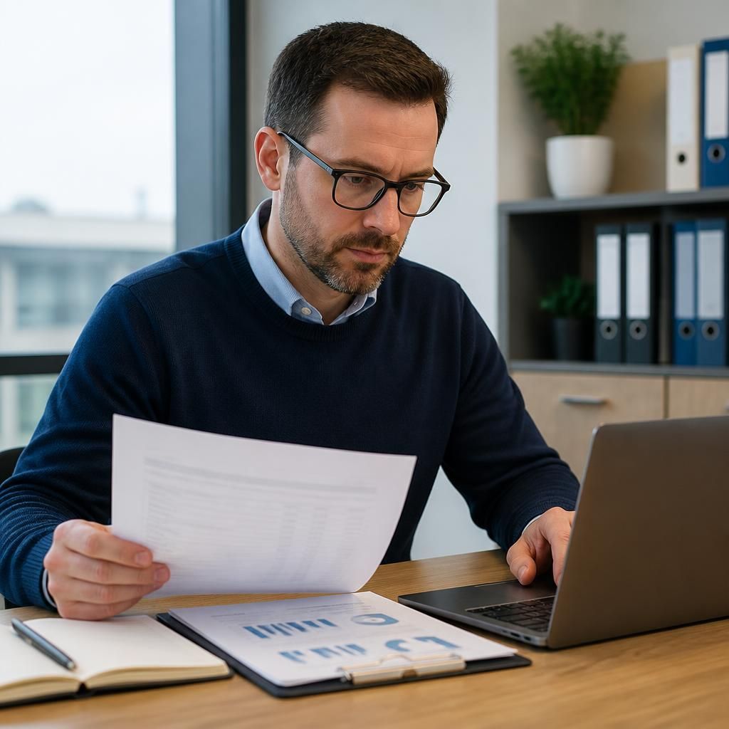 Business manager reviewing an annual IT support contract and monthly billing figures on a laptop
