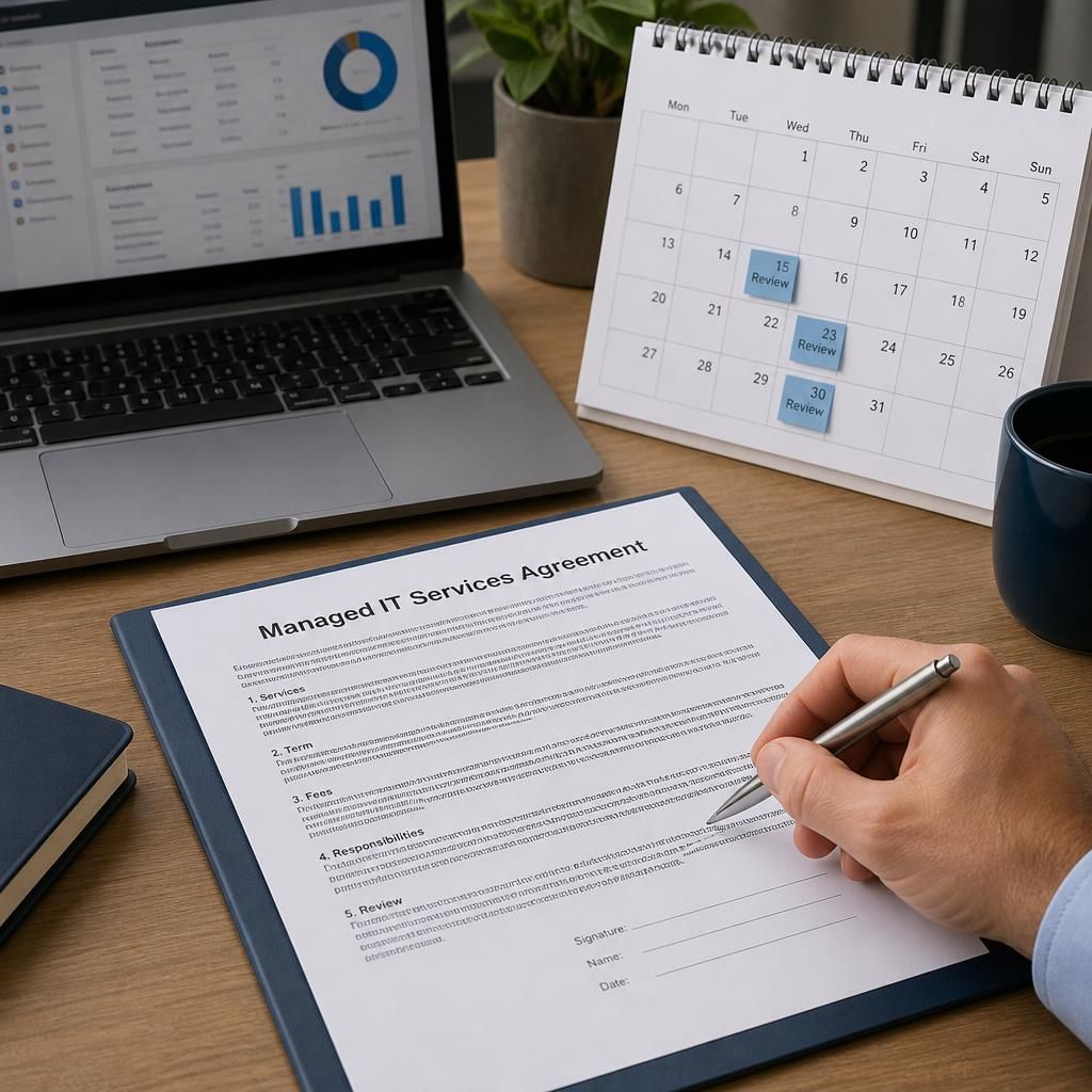 Managed IT services agreement beside a calendar and laptop