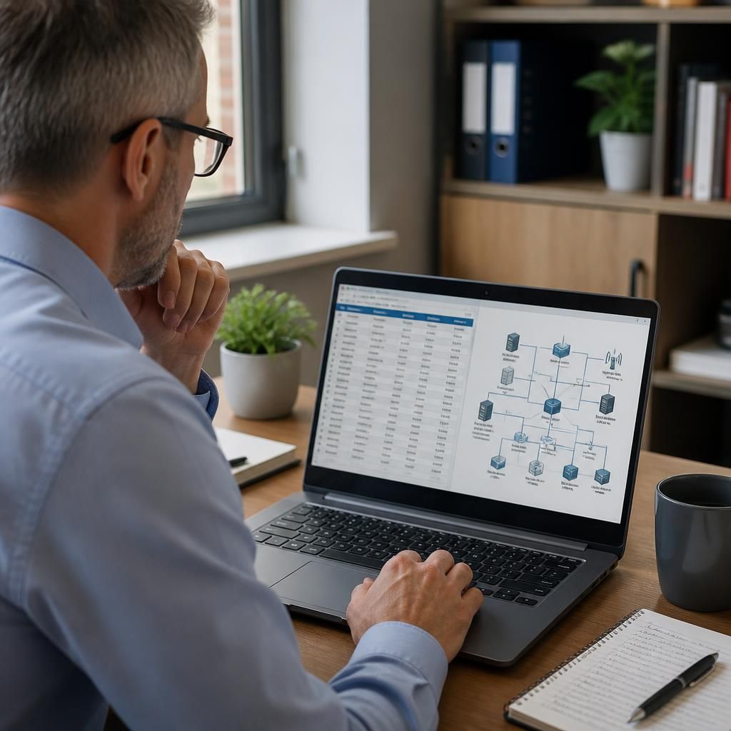 Business owner reviewing an IT asset register and network diagram on a laptop