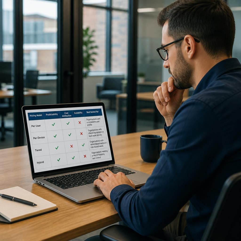 Consultant comparing managed IT pricing models on a laptop
