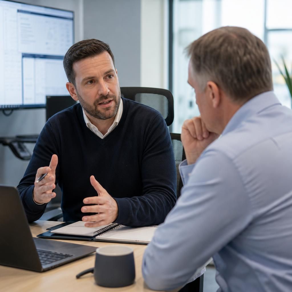 IT adviser discussing a service plan with a business client at a desk