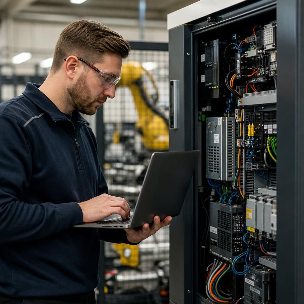 Technology specialist inspecting computer equipment in a manufacturing facility
