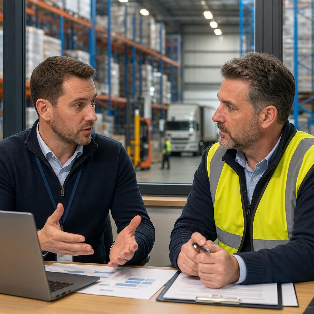 Business technology adviser discussing systems with a logistics manager