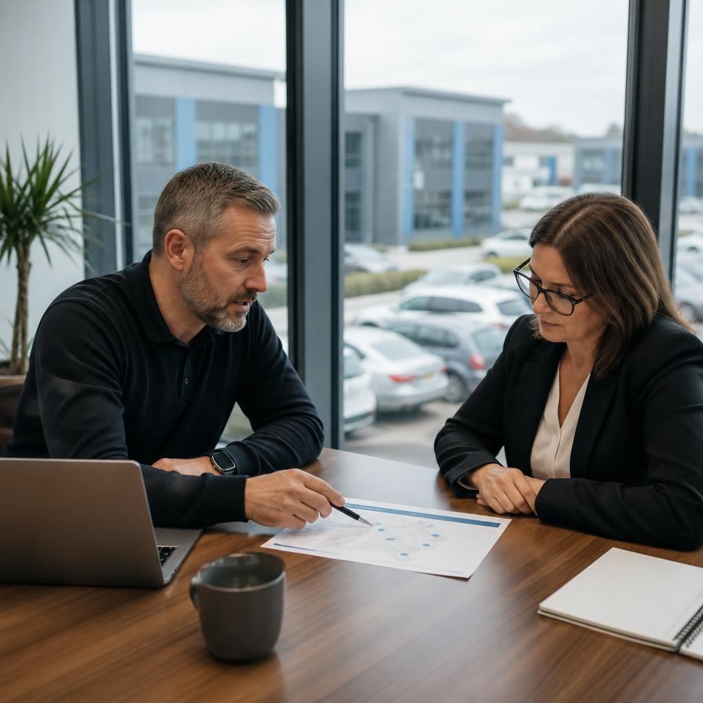 IT adviser reviewing a technology plan with a multi-site business manager