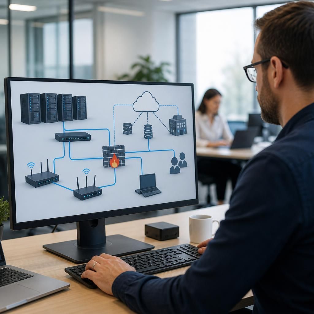 Diagram showing managed devices, firewall, cloud services and users connected across an existing business network